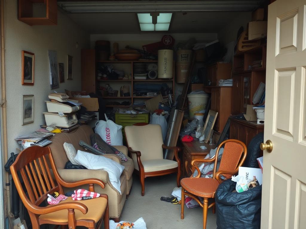 Garage fullt av gamla möbler och grovavfall före tömning