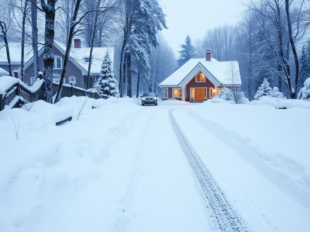 Uppfart täckt av djup snö före skottning
